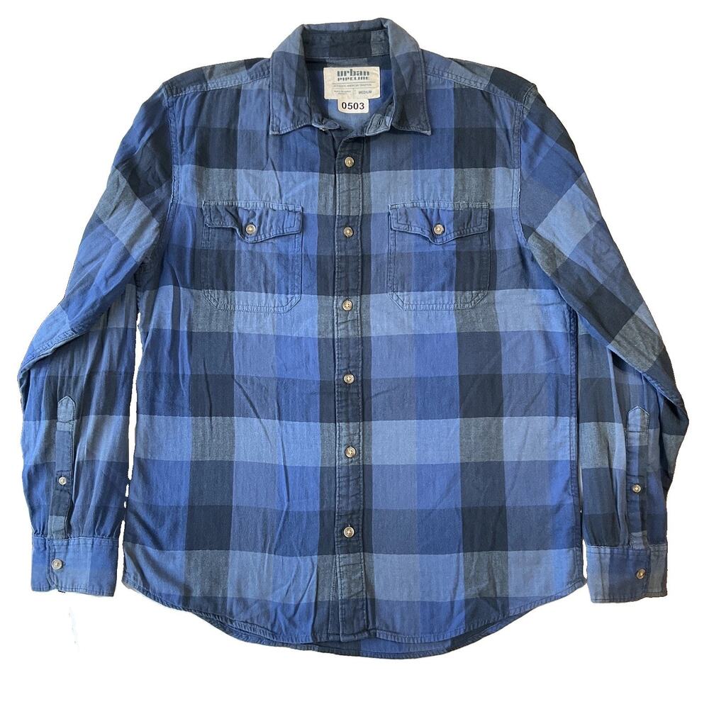 Urban Pipeline Men Button Up Shirt MEDIUM Blue Plaid Long Sleeve